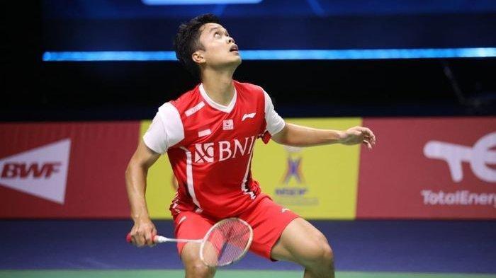 Aksi Anthony Sinisuka Ginting saat membela Indonesia pada semifinal Thomas Cup 2022, Jumat (13/5/2022)