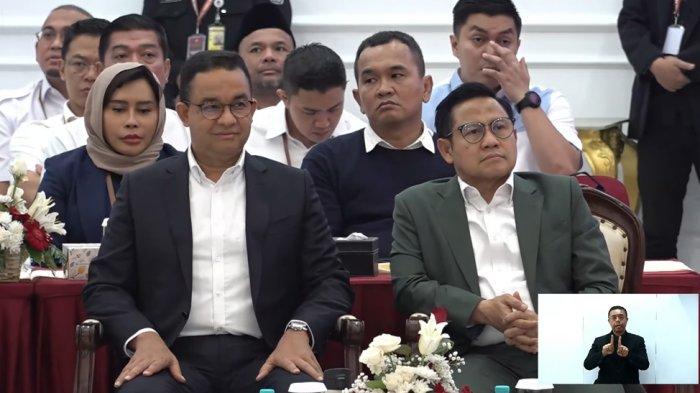 Capres-Cawapres 01 Anies Baswedan-Muhaimin Iskandar atau Cak Imin menghadiri rapat pleno penetapan pemenang Pemilihan Presiden (Pilpres) 2024 yang dimenangi paslon nomor urut 2 Prabowo Subianto-Gibran Rakabuming Raka, Rabu (24/4/2024).