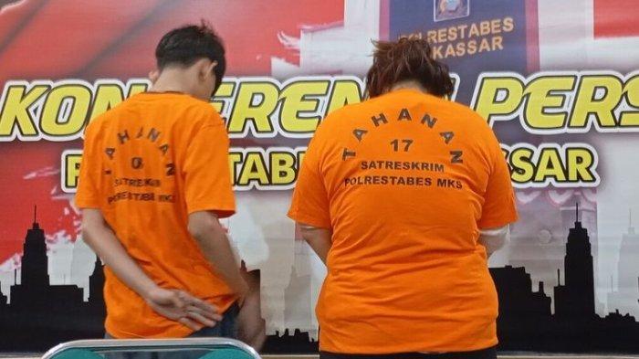 Dua sejoli yakni FR alias Vivi dan MAS alias Asrul, tersangka pembunuhan ditampilkan di hadapan awak media di aula Mapolrestabes Makassar, Jalan Ahmad Yani, Kota Makassar, Sulsel. Kamis (6/6/2024).