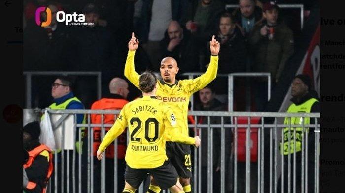 Pemain Borussia Dortmund Donyell Malen melakukan selebrasi usai mencetak gol ke gawang PSV Eindhoven pada leg pertama babak 16 besar Liga Champions 2023-2024, Rabu (21/2/2024) dini hari WIB.