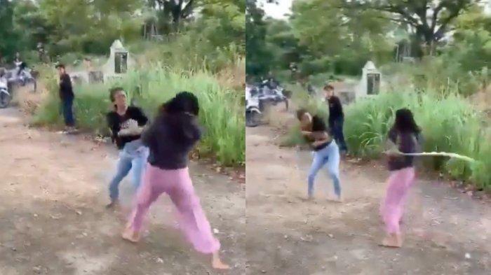 Tangkapan layar duel dua remaja perempuan menggunakan celurit.