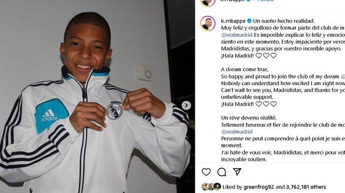 Kylian Mbappe mengumumkan transfernya ke Real Madrid dengan memasang foto masa kecilnya memakai seragam Los Blancos.