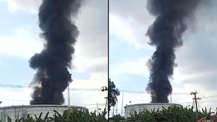 KEBAKARAN -Tangkap layar video yang merekam tangki kilang Pertamina di Cilacap terbakar pada Kamis (27/2/2025)