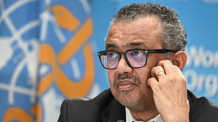 Ketua Organisasi Kesehatan Dunia (WHO) Tedros Adhanom Ghebreyesus saat konferensi pers peringatan 75 tahun Organisasi Kesehatan Dunia di Jenewa, pada 6 April 2023.