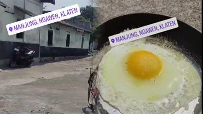 Kondisi lingkungan Dewi di Desa Manjung, Kecamatan Ngawen, Kabupaten Klaten (kiri) Telur yang dimasak Dewi dengan memanfaatkan panas terik matahari (kanan).