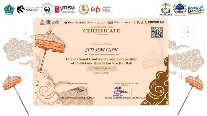 Mahasiswa Program Studi (Pordi) D-3 Kebidanan Poltek Harber berhasil meraih juara 3 dalam International Conference and Competition (IC&C)