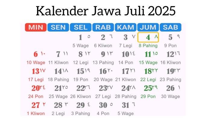 Pasaran Sekarang 4 Juli 2025 Tanggalan Jawa Jumat Pahing 8 Suro 1959