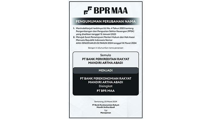 Pengumuman Perubahan Nama PT Bank Perekonomian Rakyat Mandiri Artha Abadi