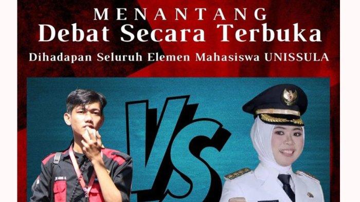 Poster tantangan debat terbuka BEM Unissula Semarang kepada Bupati Demak, Esti'anah soal banjir rob.