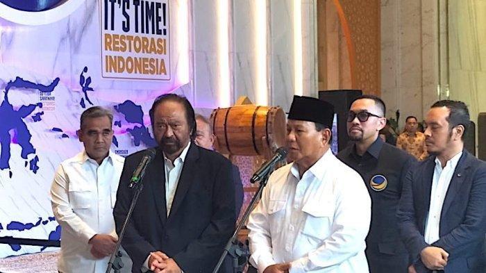 Prabowo Subianto bersama Surya Paloh di Nasdem Tower, Jumat (22/3/2024), ada peluang gabung koalisi.