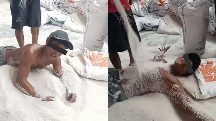 Pria mandi beras Bulog viral di media sosial.