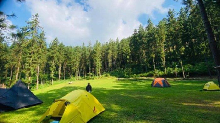 Suasana di area lapangan untuk camping atau mendirikan tenda yang ada di Rumah Angsa Glamping, Cafe dan Outbound. Terlihat beberapa pengunjung sedang melihat-lihat dan mengabadikan momen dengan berfoto di area tersebut. Lokasi berada di ladang hutan Guci, tepatnya masuk Kecamatan Bumijawa, Kabupaten Tegal, Sabtu (1/7/2023).