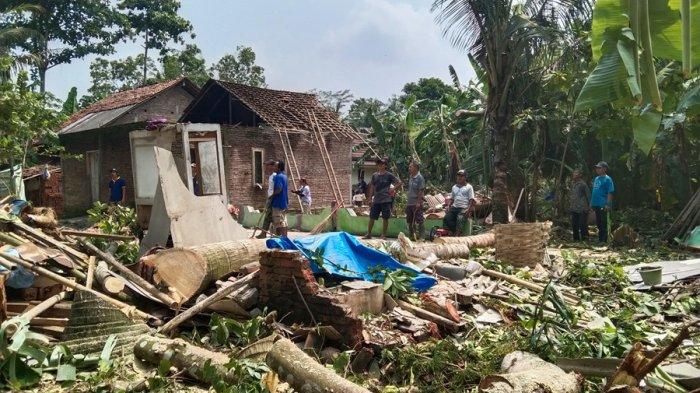 Kondisi rumah milik Triningsih warga Desa Gandrungmangu, Kecamatan Gandrungmangu, Kabupaten Cilacap yang rata dengan tanah seusai tertimpa pohon saat hujan deras disertai angin kencang. Kamis (14/11/2024).
