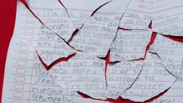 Selembar surat dari korban untuk orangtua korban yang ditemukan di sekitar TKP.(Dok. Polsek Jepon)