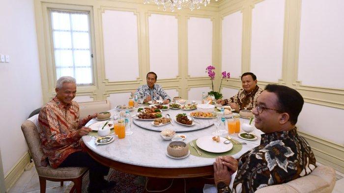 Suasana makan siang Presiden Joko Widodo dengan ketiga Bakal Calon Presiden Ganjar Pranowo, Prabowo Subianto dan Anies Baswedan di Istana Merdeka, Jakarta, Senin (30/10/2023).