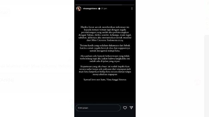 Unggahan Vina Anggi Sitorus Mundur Dari Miss Universe Indonesia 2024
