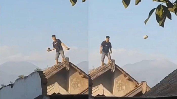 Aksi pria jebol genteng lalu lempar ke rumah tetangga.