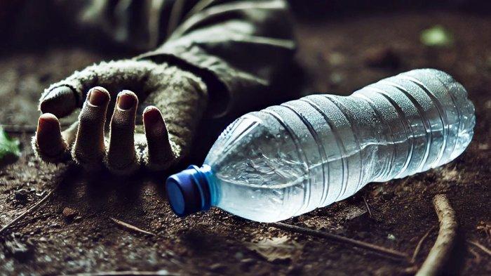 BOTOL ISI RACUN: Foto yang dibuat menggunakan kecerdasan buatan memperlihatkan seorang tergeletak dekat botol air mineral. Dua warga Blora ditemukan tewas usai meminum air yang diduga bercampur racun rumput.