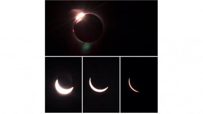 Proses terjadinya peristiwa langka, Gerhana Matahari Total (GMT) 2016 di langit Balikpapan, Kalimantan Timur, berlangsung selama 1 menit 9 detik. Gambar diabadikan oleh perempuan fotografer Balikpapan, Rosalinda Tumbelaka pada Rabu (9/3/2016).