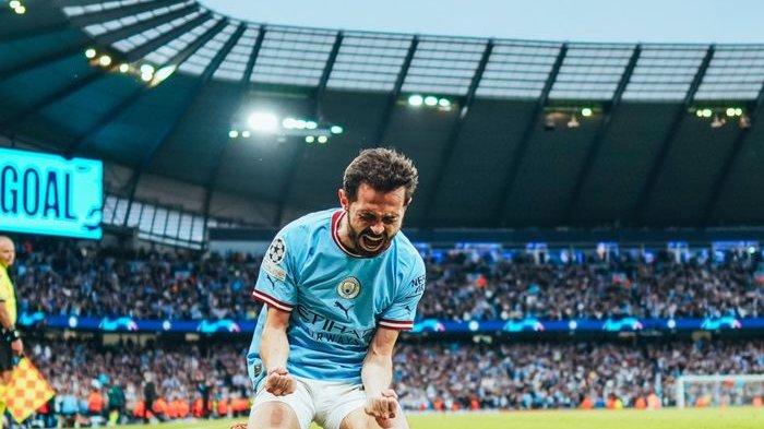 Bernardo Silva merayakan gol untuk Manchester City ke gawang Real Madrid dalam laga leg 2 babak semifinal Liga Champions 2022-2023 di Etihad Stadium, Rabu (17/5/2023).