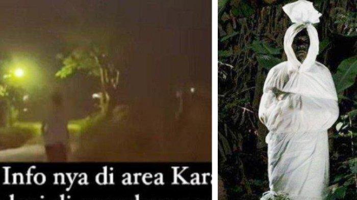 Kolase Foto video viral sosok diduga pocong di Karawang dan ilustrasi pocong.