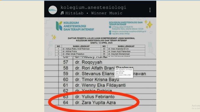 LULUS UJIAN: Dokter residen Zara Yupita Azra, satu dari tiga tersangka kasus pemerasan program PPDS Anestesi Undip Semarang, dinyatakan lulus dalam ujian komprehensif lisan nasional yang diselenggarakan oleh Kolegium Anestesiologi dan Terapi Intensif (KATI). Pengumuman kelulusan tersangka ZYA ini diumumkan di akun Instagram resmi KATI melalui akun @ kolegium.anestesiologi pada 13 April 2025. (@kolegium.anestesiologi.)