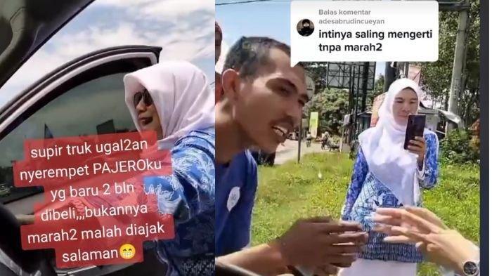 Emak-emak tajir tetap kalem meski mobil Pajero diserempet truk ugal-ugalan.