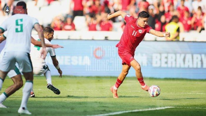 Aksi penyerang Timnas Indonesia, Ragnar Oratmangoen saat melawan Irak pada pertandingan Grup F Kualifikasi Piala Dunia 2026, Kamis (6/6/2024).
