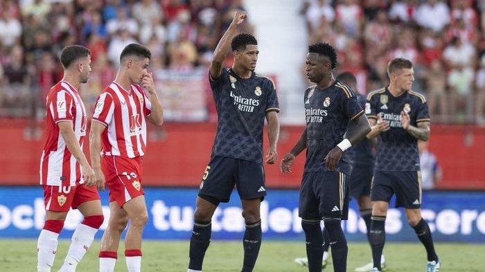 Jude Bellingham merayakan gol untuk Real Madrid ke gawang Almeria pada jornada 2 Liga Spanyol 2022-2024 di Power Horse Stadium, Sabtu (19/8/2023).