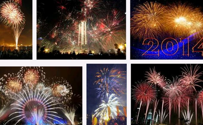 Ucapan Malam Tahun Baru dengan latar belakang kembang api