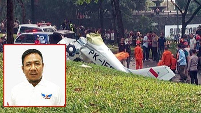 Pesawat latih PK-IFP jatuh di kawasan Lapangan Sunburst, Bumi Serpong Damai (BSD), Kecamatan Serpong, Tangerang Selatan, Banten, Minggu (19/5/2024).