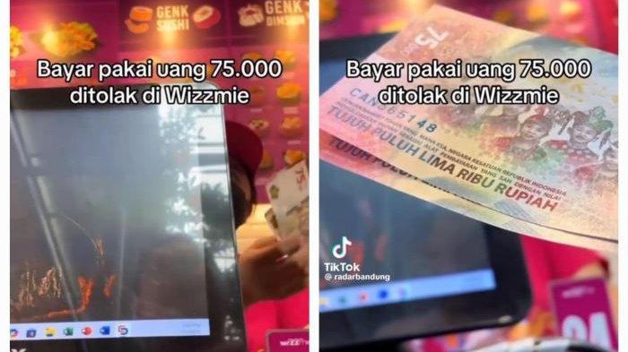 TOLAK PEMBAYARAN - Sebuah video yang menunjukkan salah satu restoran cepat saji menolak uang pecahan Rp75.000 sebagai alat pembayaran. Dalam video tersebut memperlihatkan seorang pelanggan yang mencoba membayar dengan dua lembar uang pecahan Rp75.000, namun ditolak oleh kasir.