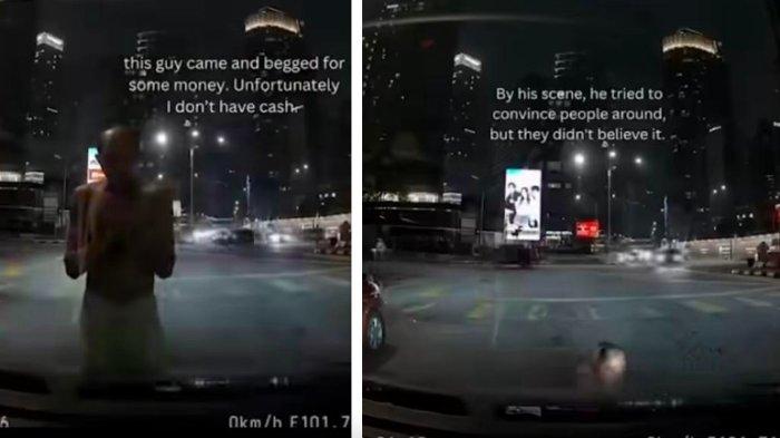 Tangkapan layar video viral pengemis pura-pura pingsan di depan mobil karena tak diberi uang oleh pengemudi mobil.