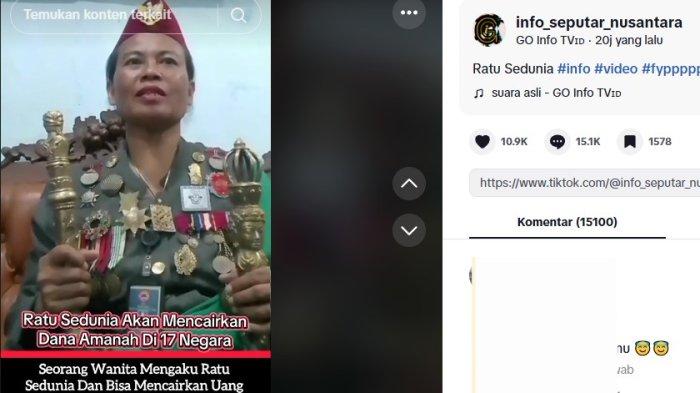 RATU SEDUNIA - Tangkapan layar unggahan akun Tiktok @info_seputar_nusantara, dicapture pada Senin (10/2/2025) - Wanita mengaku sebagai Ratu Sedunia membuat heboh media sosial Tiktok, berikut ini 5 ucapan Ratu Sedunia yang membuat heboh.