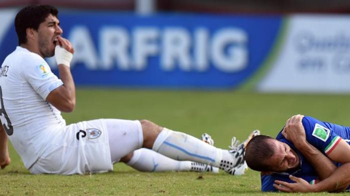 Penyerang Uruguay Luis Suarez (kiri) bereaksi setelah menggigit bek Italia Giorgio Chiellini dalam laga Grup D Piala Dunia di Dunas Arena di Natal, Rabu (25/6/2014). Uruguay menang 1-0.