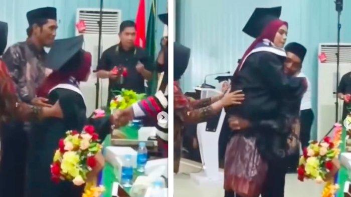 Wisudawati digendong ayahnya demi terima ijazah dari rektor