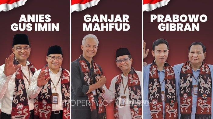 Tiga paslon Capres Cawapres Pilpres 2024 yaitu Anies Baswedan dan Muhaimin Iskandar, Ganjar Pranowo dan Mahfud MD, serta Prabowo Subianto dan Gibran Rakabuming Raka