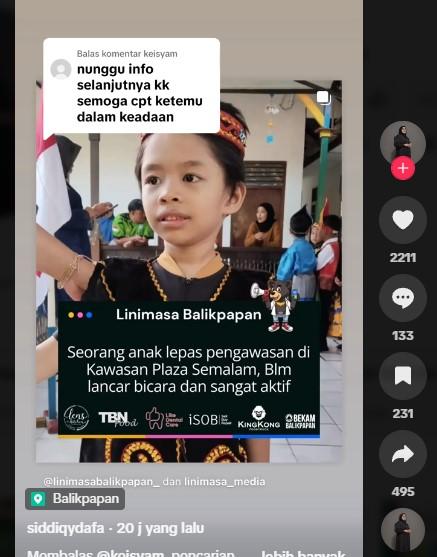 ANAK HILANG : Tangkapan layar dari TIKTOK @siddiqydafa pada Sabtu (17/5/2025) - Wajah Izmael anak hilang yang hilang di kawasan Plaza Balikpapan