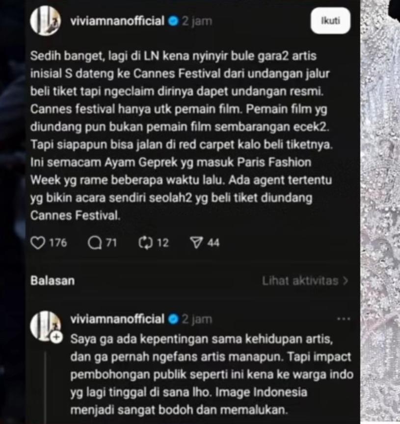 CANNES: Tangkapan layar dari Tiktok @bunda_store6 screenshoot pengakuan warganet tentang artis berinsial S membeli tiket Festival Cannes