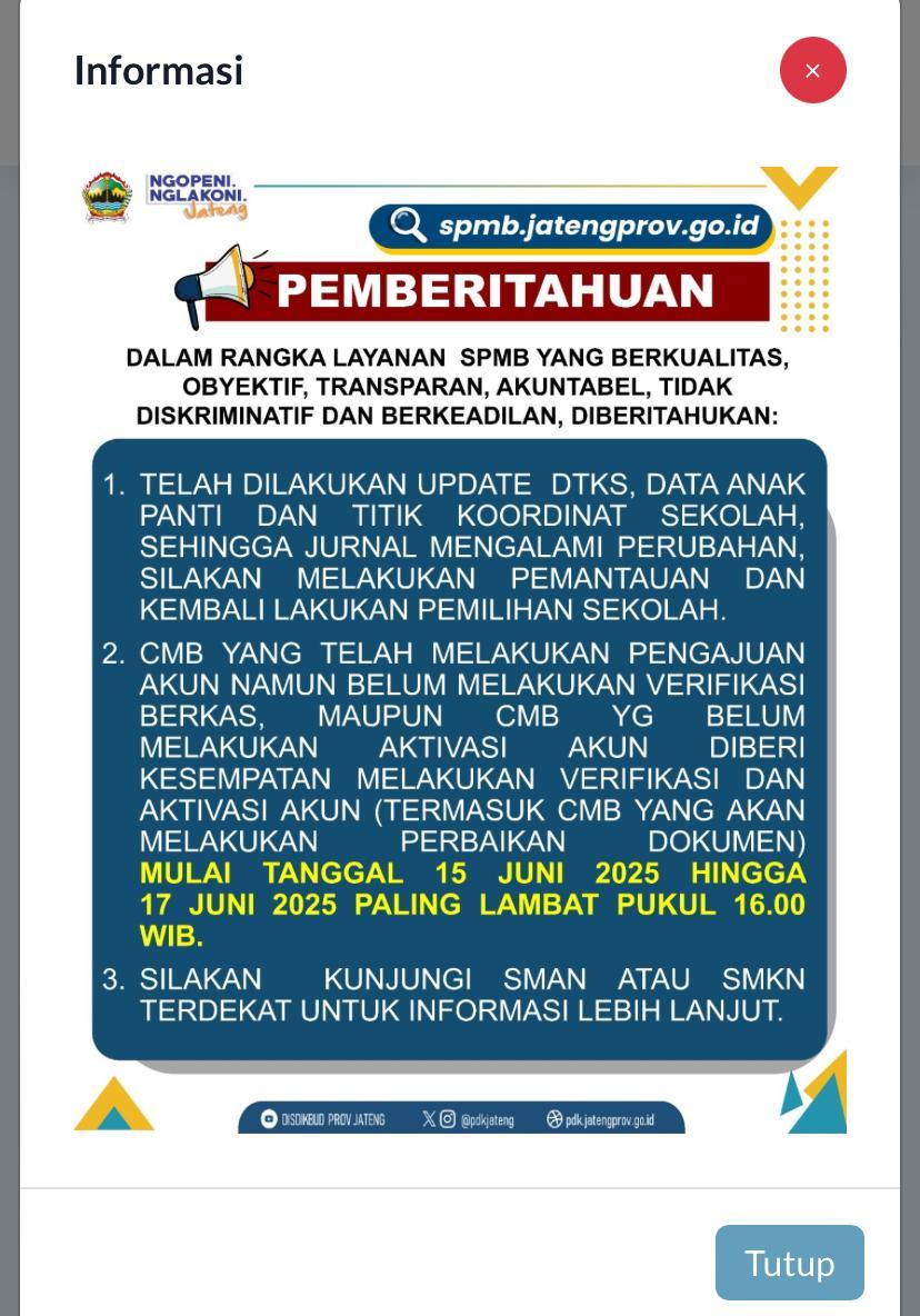 SPMB JATENG : Tangkapan layar dari https://spmb.jatengprov.go.id/ pada Senin (16/6/2025) - Siswa yang belum melakukan verifikasi akun diberikan waktu oleh panitia SPMB Jateng 2025