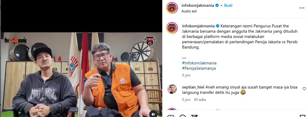 Tangkapan layar Instagram @infokomjakmania pada Rabu (19/2/2025). Faizal Hadi yang dituding memalak penonton di laga Persija vs Persib di Stadion Patriot Candrabhaga, Bekasi, pada Minggu (16/2/2025), memberikan klarifikasi.