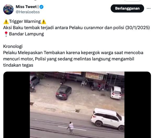 BAKU TEMBAK POLISI DAN CURANMOR DI LAMPUNG - Tangkapan layar unggahan akun X @Heraloebss yang memperlihatkan aksi baku tembak antara polisi dan pelaku curanmon di Jalan Putri Balau, Kecamatan Kedamaian, Lampung pada Kamis (30/1/2025) siang. (Dok Warga via X/@Heraloebss)