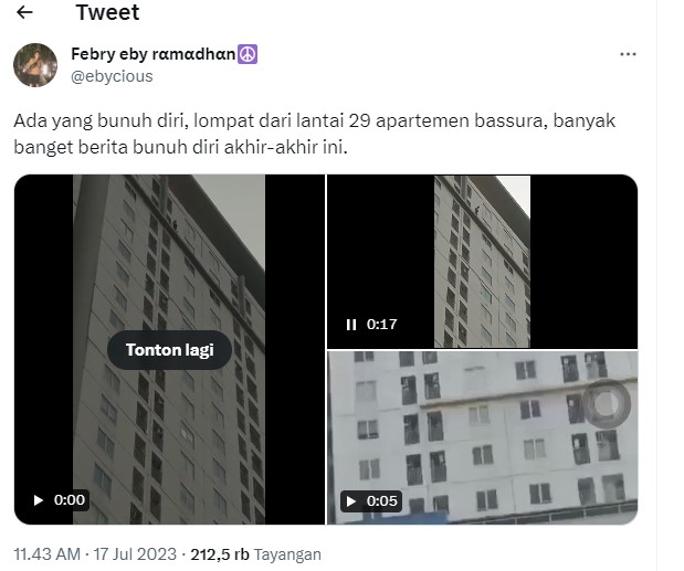 Ngeri! Warga Rekam Detik-detik Pria  Loncat dari Lantai 29 Apartemen Bassura