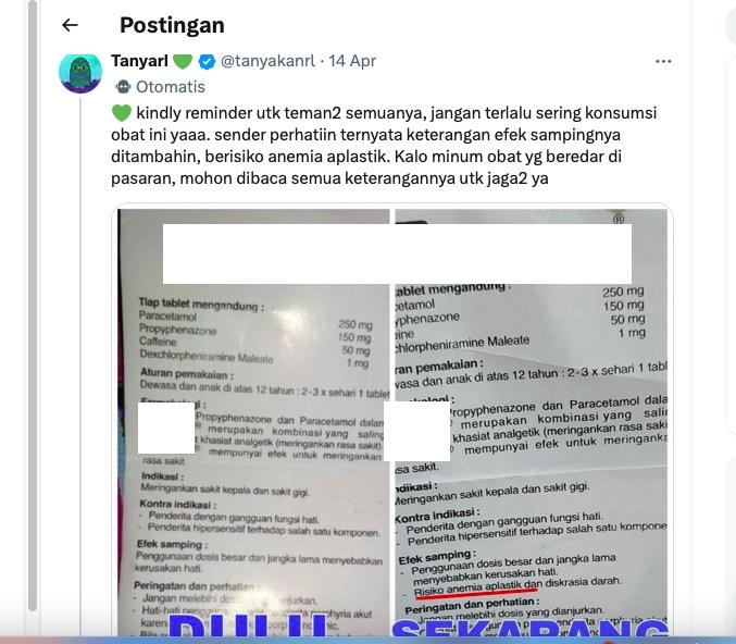 Unggahan tentang obat yang dijual di warung punya efek samping sebabkan anemia aplastik