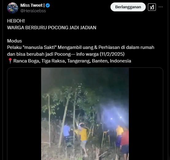 POCONG JADI-JADIAN - Tangkapan layar X @Heraloebss pada Rabu (12/2/2025) - Viral video bernarasi warga Ranca Boga, Tiga Raksa,Tangerang, Banten mengejar pocong jadi-jadian pada Selasa (11/2/2025).