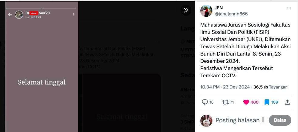 Unggahan status D sebelum loncat dari lantai 8