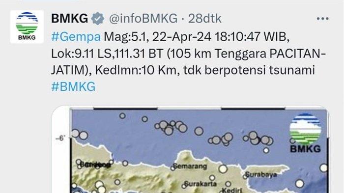 Peta lokasi episenter gempa Pacitan