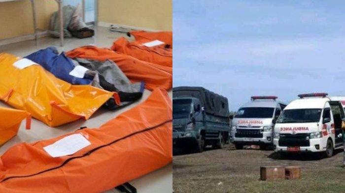 LEDAKAN BOM - 7 kantong jenazah berisi korban ledakan bom yang dimusnahkan di Desa Sagara, Kecamatan Cibalong, Kabupaten Garut, Jawa Barat, Senin (12/5/2025) pagi. Warga diduga mengambili selongsong bom dan hendak dijual, namun tak menyangka masih ada yang meledak.