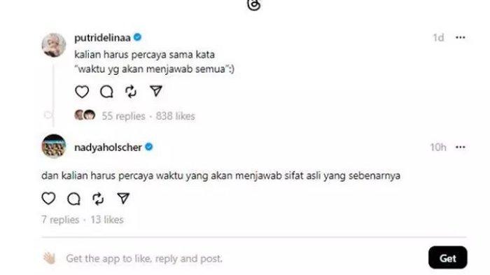 Adik Nathalie Holscher, Nadya Holscher, muncul di Threads Putri Delina.