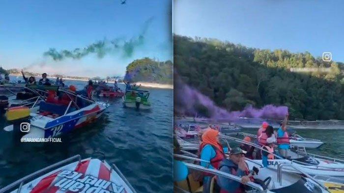 Aksi wisatawan menyalakan flare di atas speedboat saat menikmati pemandangan Telaga Sarangan